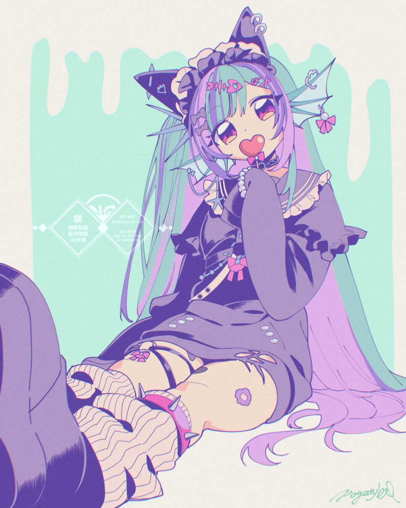 1girl animal_ear_headwear aqua_hair bandaid bandaid_on_leg barbell_piercing black_bow black_choker black_hoodie black_shoes black_streaks bow bow_earrings candy chain chain_earrings chest_harness choker covered_mouth ear_chain ear_piercing earrings fake_animal_ears finana_ryugu finana_ryugu_(1st_costume) finana_ryugu_(jirai_kei) fins fish_skeleton_hair_ornament fish_hair_ornament food frilled_headwear frilled_shirt_collar frills hair_bow hair_ornament harness head_fins head_tilt heart heart-shaped_food heart-shaped_lollipop holding holding_candy holding_food holding_lollipop hood hoodie industrial_piercing jewelry jirai_kei lollipop long_hair looking_at_viewer loose_socks multicolored_hair nijisanji nijisanji_en o-ring o-ring_choker o-ring_thigh_strap official_alternate_costume one_side_up piercing pink_eyes pink_hair pogatyb sailor_collar shaped_lollipop shoes signature sitting sleeves_past_fingers sleeves_past_wrists socks spiked_legwear streaked_hair thigh_strap torn_clothes very_long_hair virtual_youtuber watermark white_socks x_hair_ornament