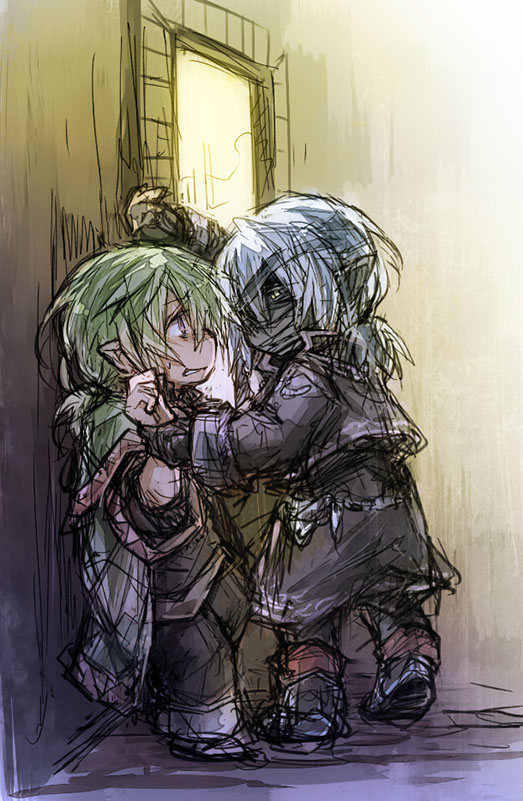 00s 2boys bandages dark_skin dark-skinned_male final_fantasy final_fantasy_xi fujiwara_akina green_hair male_focus multiple_boys pointy_ears purple_eyes robel-akbel short_hair tarutaru white_hair yaoi