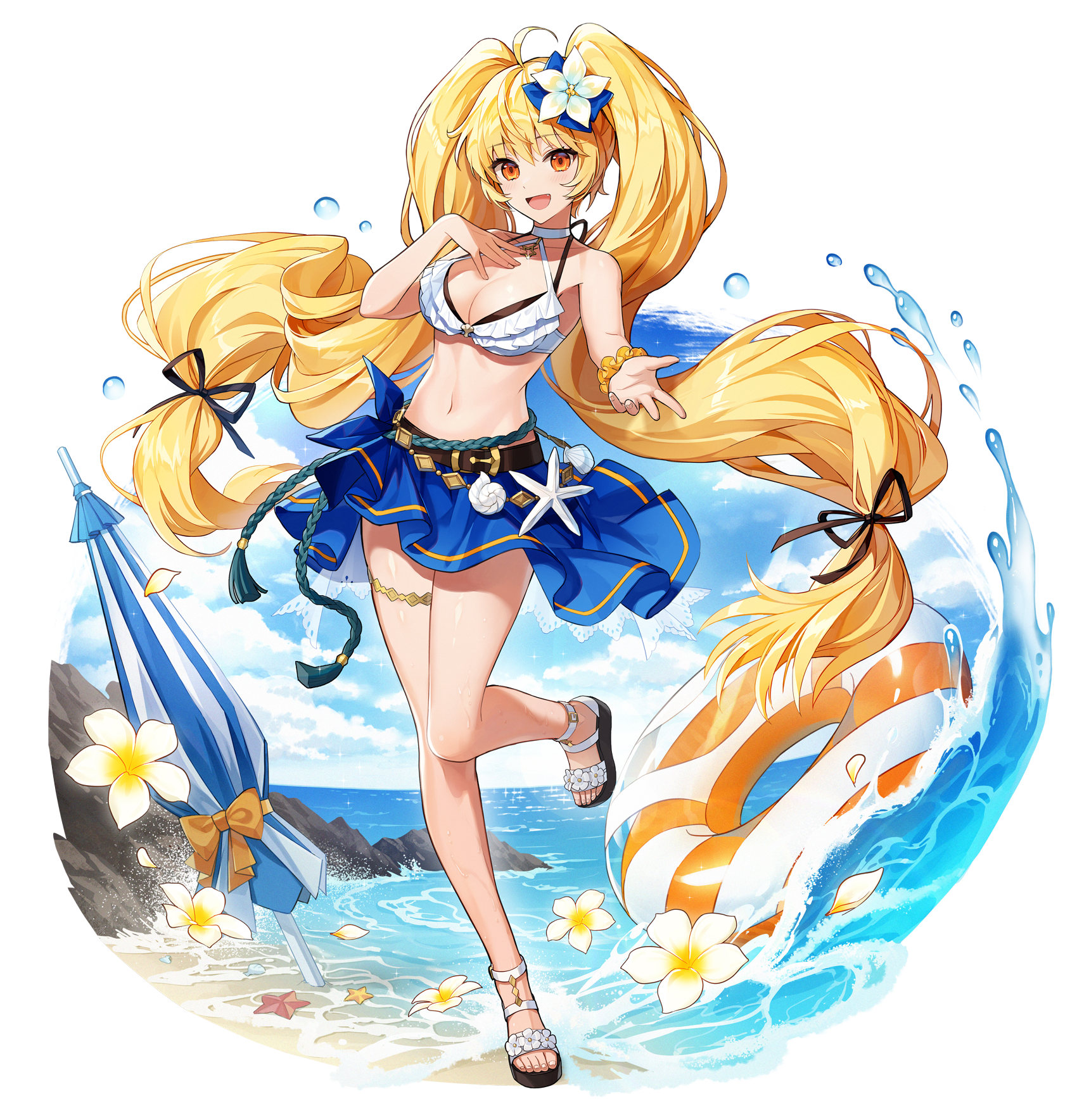 1girl ahoge akashic_chronicle beach beach_umbrella bikini blonde_hair blush breasts brown_eyes flower full_body hair_flower hair_ornament hand_on_own_chest highres innertube large_breasts long_hair looking_at_viewer navel nez39 ocean open_mouth sandals smile solo swim_ring swimsuit transparent_background twintails umbrella very_long_hair water white_bikini