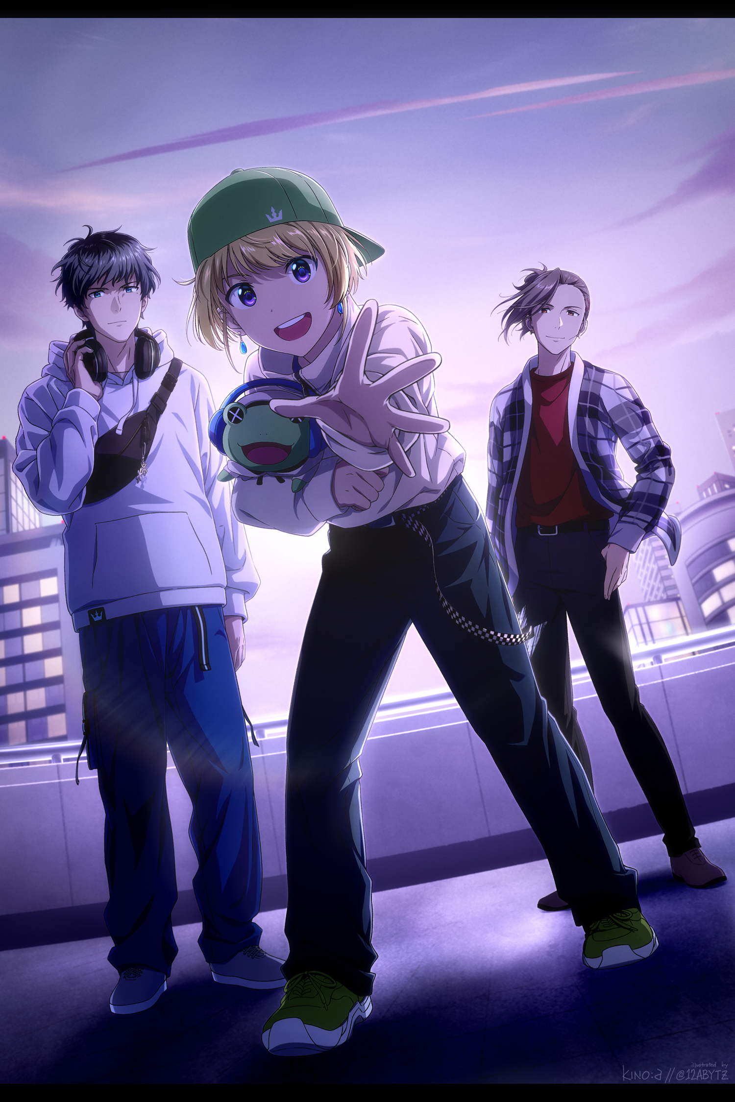 12abytz 3boys backwards_hat beit_(idolmaster) belt blonde_hair blue_eyes brown_eyes brown_hair denim earrings full_body hair_between_eyes hat headphones headphones_around_neck highres holding holding_stuffed_toy hood hoodie idolmaster idolmaster_side-m jeans jewelry kaerre long_sleeves looking_at_viewer male_focus mole mole_under_eye multiple_boys open_clothes open_mouth open_shirt pants pierre_bichelberger purple_eyes red_shirt shirt shoes sky sneakers stuffed_animal stuffed_frog stuffed_toy takajo_kyoji teeth thumbs_in_pockets upper_teeth_only watanabe_minori white_hoodie