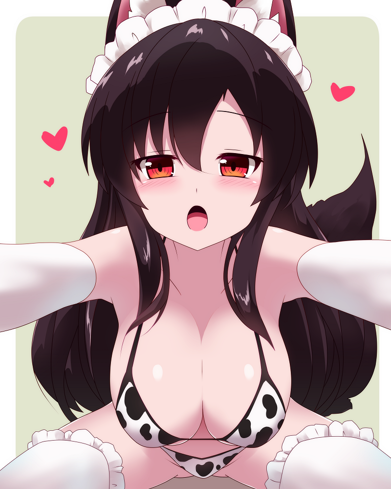 1girl animal_ears animal_print bikini blush breasts brown_hair commentary_request cow_print cow_print_bikini elbow_gloves frilled_thighhighs frills gloves hair_between_eyes imaizumi_kagerou incoming_kiss large_breasts long_hair looking_at_viewer maid_headdress open_mouth print_bikini red_eyes sivamaron solo swimsuit tail thighhighs touhou very_long_hair white_gloves white_thighhighs wolf_ears wolf_girl wolf_tail