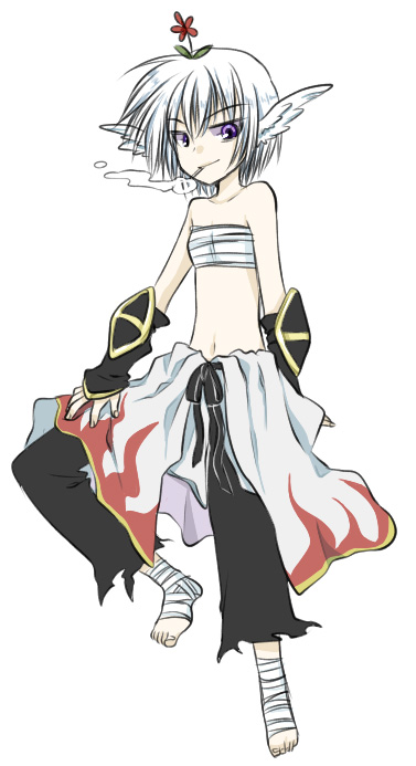 1girl ark_kan barefoot belt black_belt black_gloves black_pants chest_sarashi cigarette closed_mouth clothes_around_waist commentary_request flame_print flat_chest flower flower_on_head foot_wraps full_body gloves looking_at_viewer navel pants purple_eyes ragnarok_online red_flower sarashi shirt shirt_around_waist short_hair simple_background smile smoking solo standing sura_(ragnarok_online) white_background white_hair white_pants white_shirt
