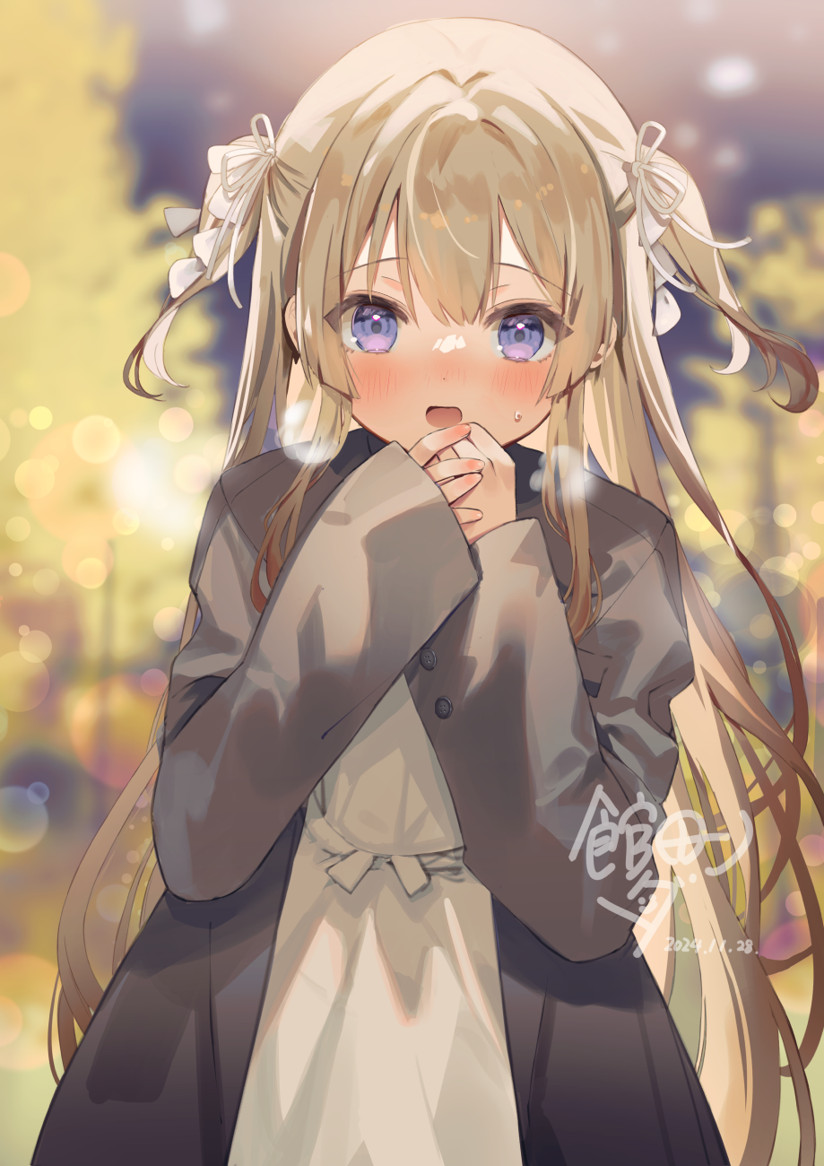 1girl black_jacket blurry blurry_background blush breathing_on_hands brown_hair commentary_request dated depth_of_field dress hair_between_eyes hands_up highres jacket kanda_done long_hair long_sleeves looking_at_viewer night nose_blush open_clothes open_jacket original outdoors purple_eyes signature sleeves_past_wrists small_sweatdrop snowing solo sweat two_side_up very_long_hair white_dress