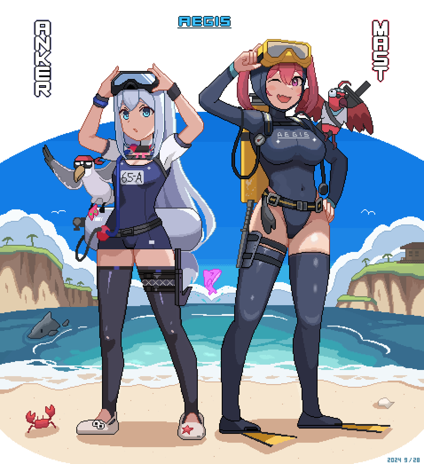 2girls adjusting_eyewear anchor_(anchor_the_diver)_(nikke) anchor_(nikke) animal animal_on_shoulder bird bird_on_shoulder black_thighhighs blue_eyes breasts commentary_request crab curvy day diving_mask diving_mask_on_head diving_suit dolphin fish flippers full_body goddess_of_victory:_nikke goggles goggles_on_head hand_on_own_hip highleg highleg_one-piece_swimsuit highres large_breasts long_hair looking_at_viewer mast_(mast_the_diver)_(nikke) mast_(nikke) multiple_girls ocean one-piece_swimsuit one_eye_closed open_mouth outdoors pink_eyes pink_hair pixel_art sand sandals school_swimsuit shiny_skin small_breasts smile standing sugiyamasama swimsuit thighhighs twintails white_hair wide_hips