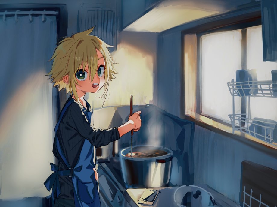 1boy apron black_shirt blonde_hair blue_apron cellphone cooking cr-r green_eyes hair_between_eyes indoors kitchen long_sleeves male_focus nijisanji open_mouth phone pot shirt smartphone solo upper_body uzuki_kou virtual_youtuber window