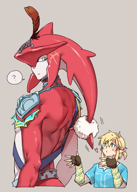 2boys ? armor arms_up back_muscles belt black_belt black_gloves blonde_hair blue_eyes blue_tunic blush chest_belt closed_mouth commentary cropped_legs cropped_torso english_commentary fingerless_gloves fins fish_boy gloves grey_background head_fins headpiece heart jewelry link looking_back male_focus multiple_boys natsuyon necklace nintendo parted_bangs pauldrons plume pom_pom_(clothes) ponytail sanpaku scar scar_on_head short_ponytail shoulder_armor sidon simple_background size_difference slit_pupils speech_bubble spoken_question_mark the_legend_of_zelda the_legend_of_zelda:_breath_of_the_wild toned toned_male tunic yellow_eyes zora