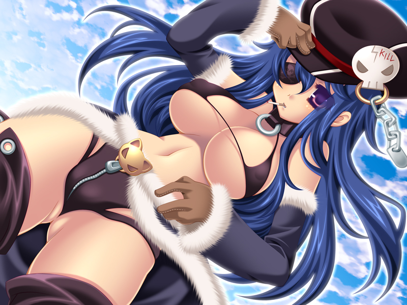 1girl bare_shoulders bikini bikini_top_only black_bikini blue_hair boots breasts newsboy_cap chain cloud collar day detached_sleeves dutch_angle eyepatch female_focus fur_trim gloves hair_ornament hakoiri_nyanko hat large_breasts long_hair looking_at_viewer mouth_hold navel outdoors purple_eyes ragnarok_online skull_hair_ornament sky solo stalker stalker_(ragnarok_online) swimsuit thigh_boots thighhighs zipper zipper_pull_tab