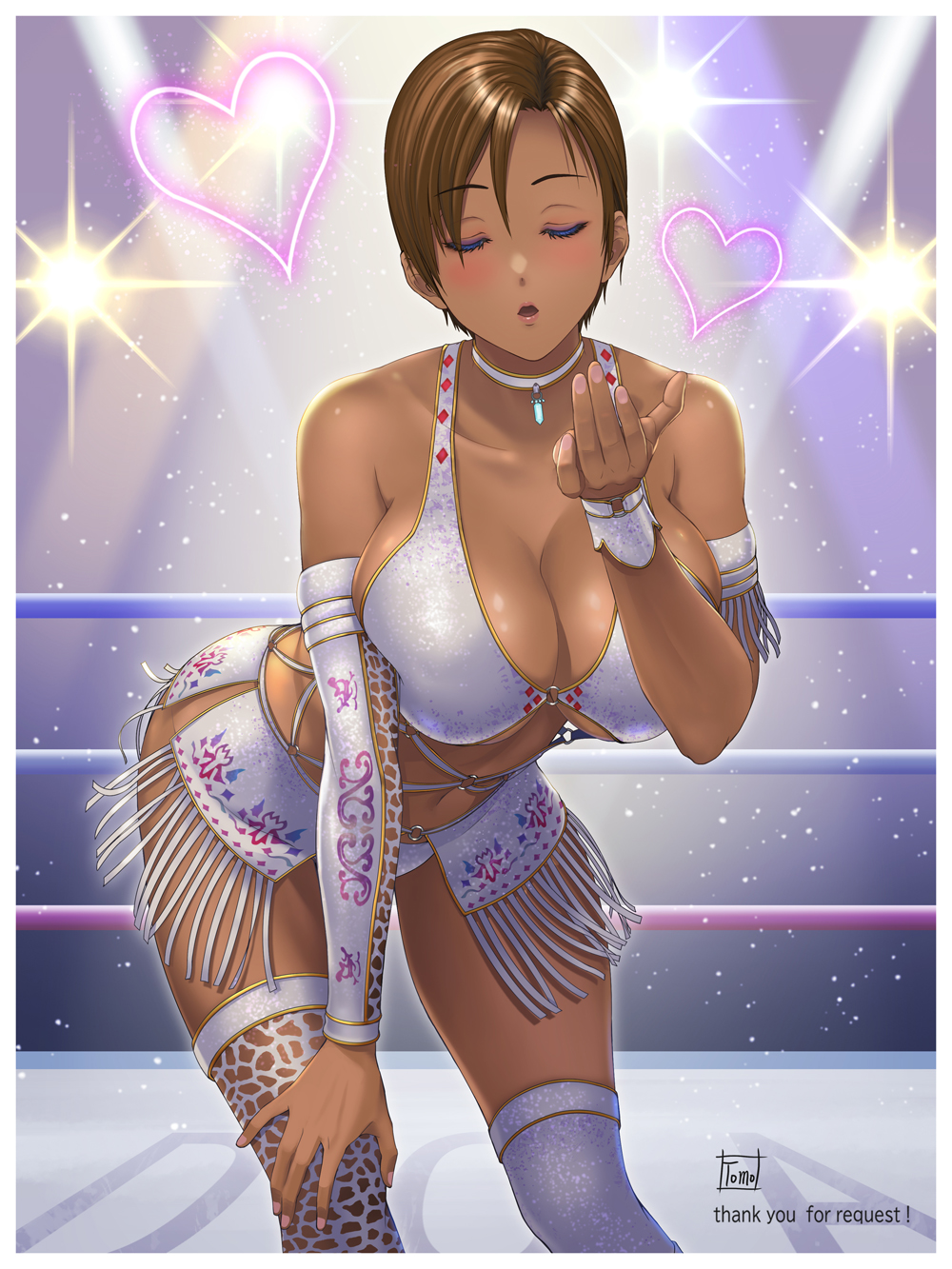 bikini bikini_top_only blowing_kiss bow breasts brown_hair choker cleavage closed_eyes dark-skinned_female dark_skin dead_or_alive dress hand_on_own_knee highres la_mariposa_(doa) large_breasts lisa_hamilton short_hair swimsuit thighhighs tomo_eokaiteru white_bikini white_dress white_thighhighs wrestling_outfit wrestling_ring