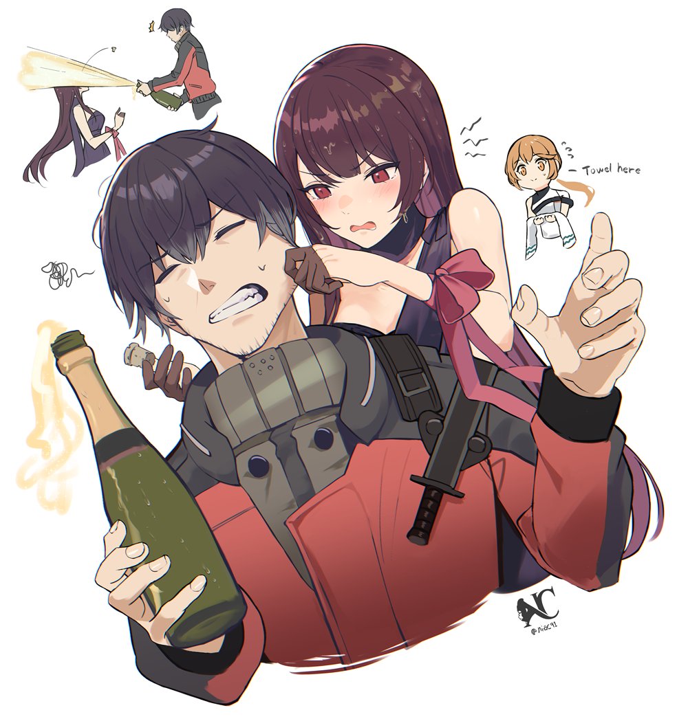 1boy 2girls arm_ribbon black_hair blonde_hair bottle bow champagne_bottle cheek_pinching commander_(girls&#039;_frontline) commentary cork cropped_torso dress english_commentary english_text facial_hair girls&#039;_frontline girls&#039;_frontline_2:_exilium goatee_stubble groza_(girls&#039;_frontline_2) holding holding_bottle holding_towel jacket knife long_hair makiatto_(girls&#039;_frontline_2) multicolored_jacket multiple_girls multiple_views niac official_alternate_costume orange_eyes ots-14_(girls&#039;_frontline) pinching pink_bow pink_ribbon purple_dress purple_hair red_eyes ribbon sheath sheathed simple_background stubble towel two-tone_jacket wa2000_(ballroom_interlude)_(girls&#039;_frontline) wa2000_(girls&#039;_frontline) white_background