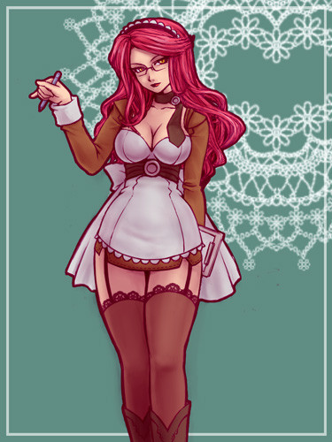 1girl 2000s_(style) apron black-framed_eyewear breasts brown_dress brown_thighhighs cleavage clipboard closed_mouth commentary_request dress feet_out_of_frame feliciel frilled_apron frills garter_straps glasses green_background holding holding_clipboard holding_pen kafra_uniform lace lace-trimmed_thighhighs lace_trim large_breasts lips long_hair looking_at_viewer lowres lyrus_(ragnarok_online) maid maid_headdress orange_eyes pen pink_hair ragnarok_online smile solo standing swept_bangs thighhighs white_apron