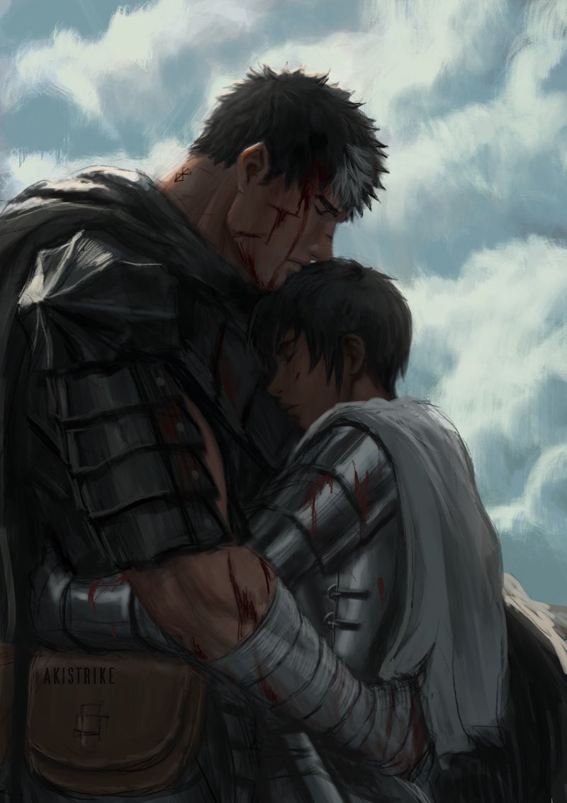 1boy 1girl aki_(akistrike) armor artist_name bandaged_arm bandages berserk berserker_armor black_hair blood blood_on_arm blood_on_face brand_of_sacrifice cape casca_(berserk) closed_eyes cloud cloudy_sky commentary cuts day english_commentary from_side grey_hair guts_(berserk) hetero injury multicolored_hair pauldrons pouch profile short_hair shoulder_armor sky streaked_hair white_cape
