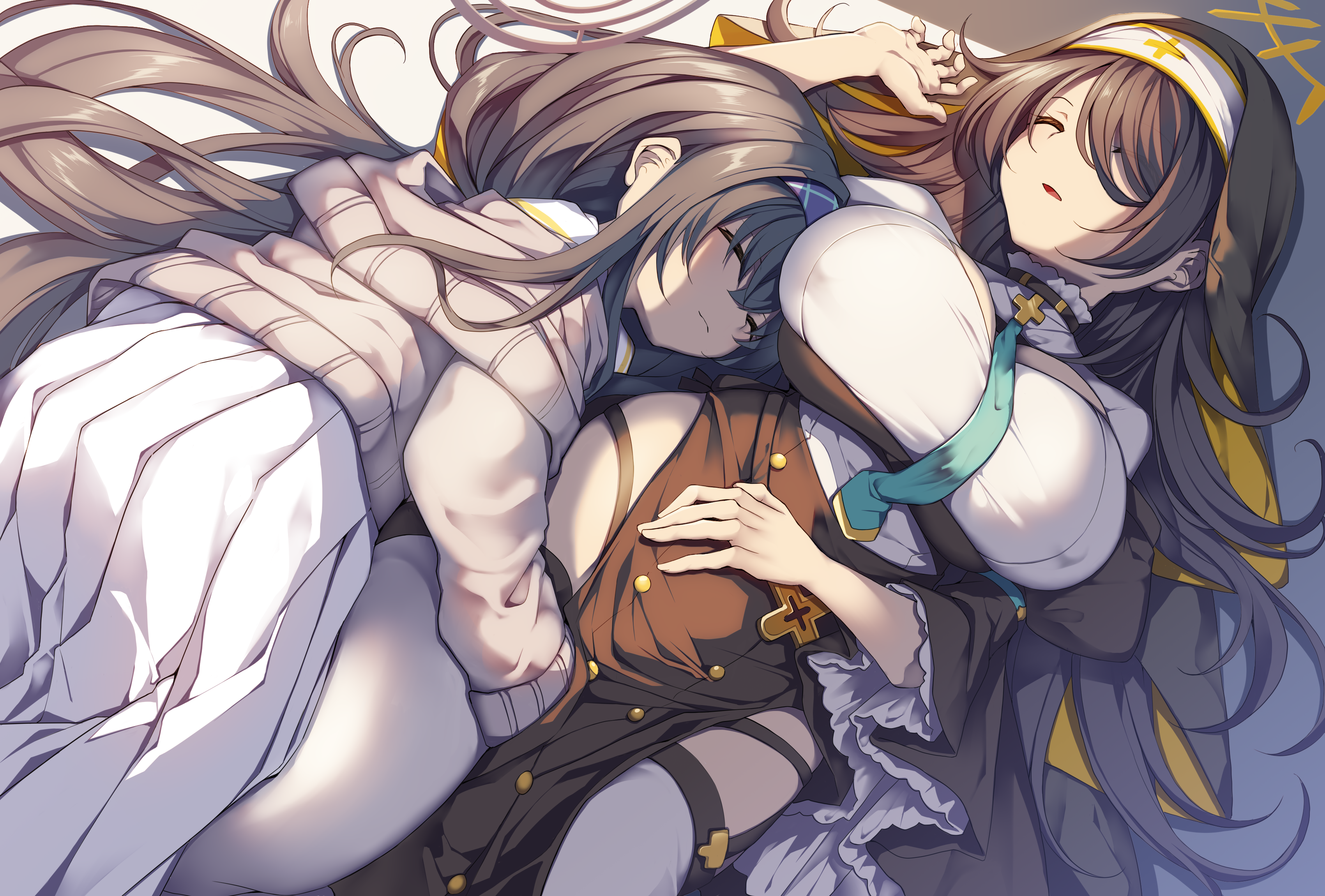2girls absurdres aqua_necktie between_breasts black_hair blue_archive breasts brown_cardigan brown_halo cardigan closed_eyes closed_mouth commentary_request cowboy_shot creek_(moon-sky) dutch_angle frilled_sleeves frills hair_spread_out halo hand_on_own_stomach hand_up highres hinata_(blue_archive) hip_vent hug huge_breasts juliet_sleeves long_hair long_skirt long_sleeves lying multiple_girls necktie necktie_between_breasts nun on_back on_stomach open_mouth pleated_skirt puffy_sleeves school_uniform sidelighting skirt sleeping smile thighhighs ui_(blue_archive) very_long_hair white_skirt white_thighhighs wide_sleeves yellow_halo