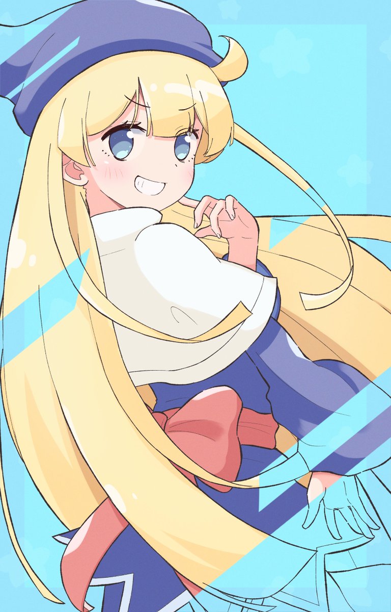 1girl ahoge back_bow blonde_hair blue_background blue_dress blue_eyes blue_hat bow capelet dress grin happy hat highres jazz_grace long_hair long_sleeves looking_at_viewer looking_back madou_monogatari puyopuyo red_bow red_sash sash simple_background smile solo upper_body very_long_hair white_capelet wide_sleeves witch_(puyopuyo) wizard_hat