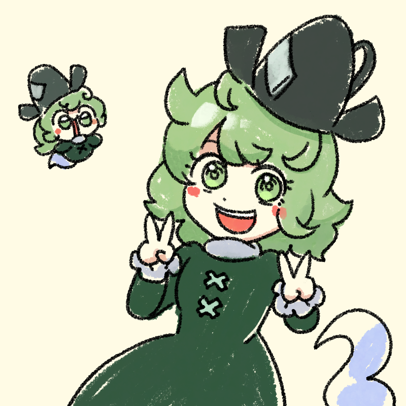 1girl :d black_hat commentary commission cross-laced_clothes dress ghost_tail green_dress green_eyes green_hair hat long_sleeves looking_at_viewer messy_hair numenoko open_mouth short_hair simple_background smile soga_no_tojiko tan_tan_pou tate_eboshi touhou yellow_background