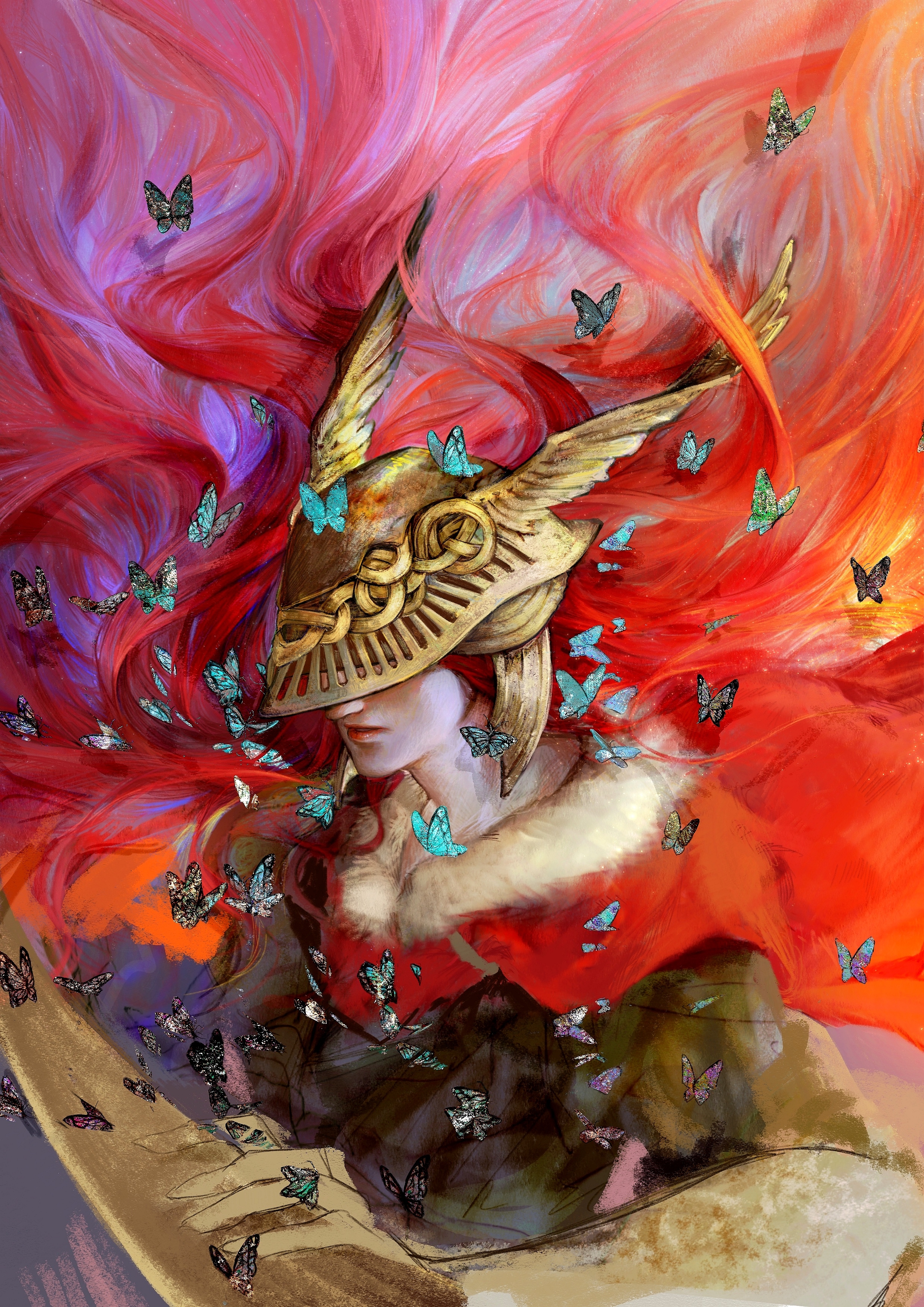 1girl absurdres blue_butterfly bug butterfly cape chinese_commentary commentary_request covered_eyes elden_ring facing_viewer floating_hair fur-trimmed_cape fur_trim helmet helmet_over_eyes highres insect long_hair malenia_blade_of_miquella painterly red_cape red_hair solo too_many too_many_butterflies upper_body winged_helmet xxx0166995
