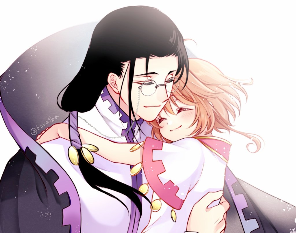 1boy 1girl ^_^ aged_down black_cape black_hair blush brown_hair cape carrying child child_carry closed_eyes closed_mouth clow_reed dress eyewear_strap fatherly glasses hair_over_shoulder hair_pulled_back happy hug kurabayashi light_particles long_hair long_sleeves low_ponytail mystical_high_collar pince-nez ponytail robe round_eyewear sakura_hime short_hair short_sleeves sidelocks simple_background smile tsubasa_chronicle turtleneck upper_body white_background white_dress white_robe