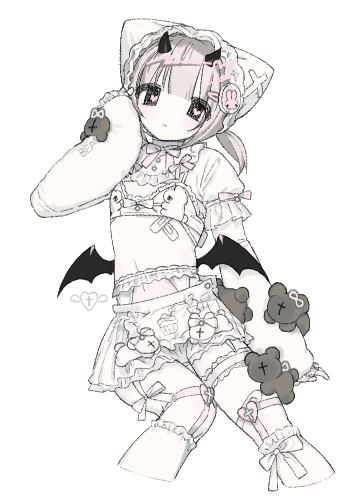 1girl animal_ears bat_wings black_eyes black_wings bra cat_ears horns jacket legwear_garter looking_at_viewer low_wings original pink_hair puffy_short_sleeves puffy_sleeves short_sleeves short_twintails shrug_(clothing) skirt socks solo stuffed_animal stuffed_toy teddy_bear thigh_strap twintails u_emper underwear white_bra white_jacket white_skirt white_socks wings