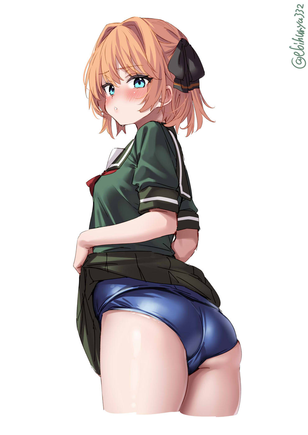 1girl ass blue_eyes blue_one-piece_swimsuit blush breasts brown_hair clothes_lift commentary_request cropped_legs ebifurya from_behind green_sailor_collar green_serafuku green_shirt green_skirt hachijou_(kancolle) highres kantai_collection lifting_own_clothes looking_at_viewer looking_back old_school_swimsuit one-hour_drawing_challenge one-piece_swimsuit sailor_collar school_swimsuit school_uniform serafuku shirt simple_background skirt skirt_lift small_breasts solo swimsuit swimsuit_under_clothes twitter_username white_background