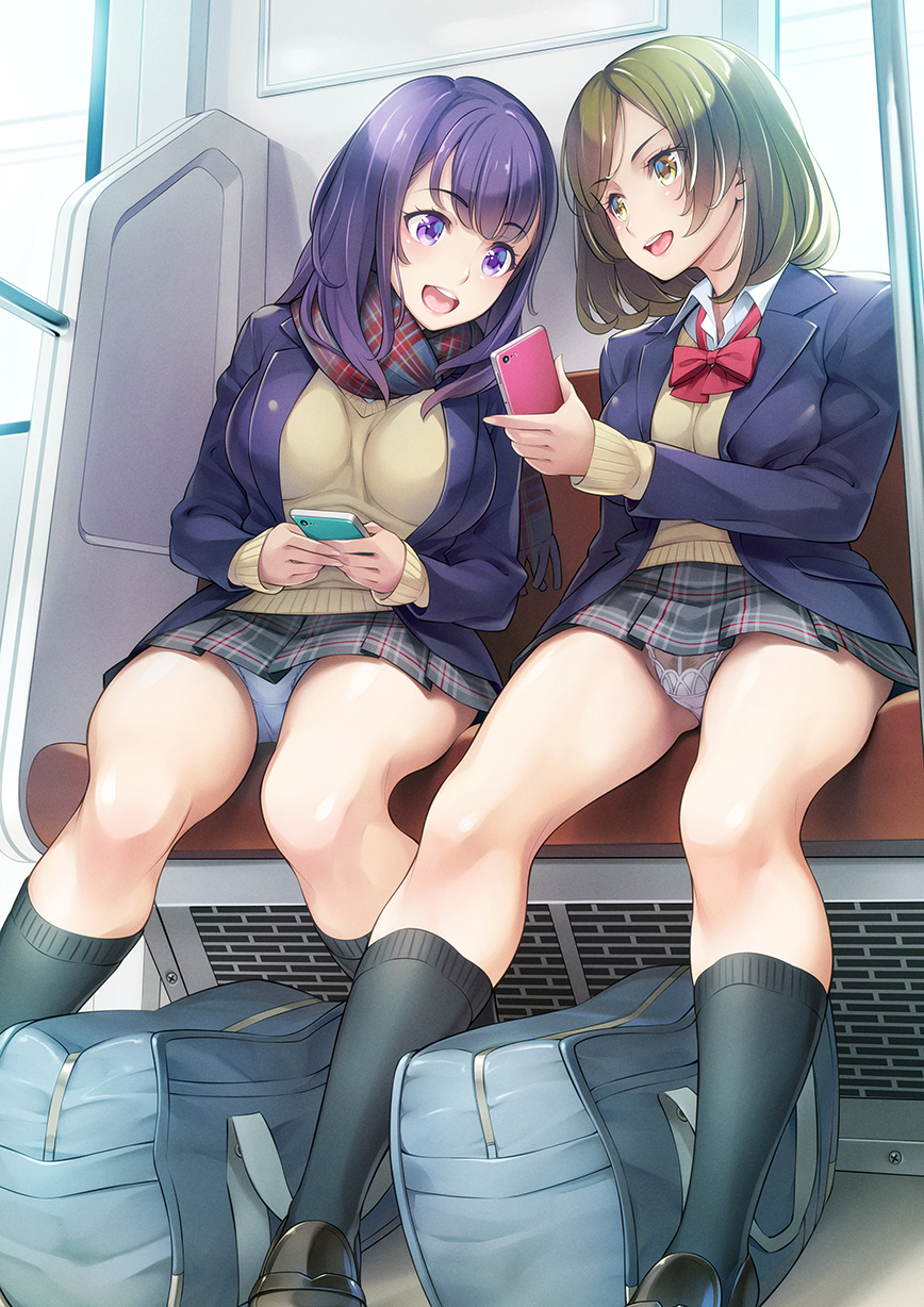2girls :d bag black_socks blazer blue_jacket bow bowtie brown_hair cardigan cellphone collared_shirt grey_skirt highres holding holding_phone ikeda_yasuhiro jacket kneehighs multiple_girls open_mouth original panties phone plaid_clothes plaid_scarf plaid_skirt purple_eyes purple_hair red_bow red_bowtie red_scarf scarf school_bag school_uniform shirt sitting skirt smartphone smile socks teeth tongue train_interior underwear upper_teeth_only upskirt white_panties white_shirt yellow_cardigan yellow_eyes