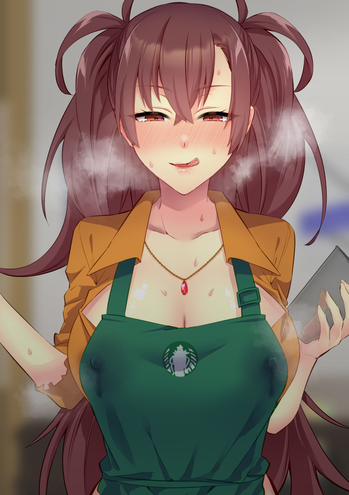 1girl apron breasts brown_hair dr._arach iced_latte_with_breast_milk_(meme) lactation lactation_through_clothes large_breasts long_hair meme solo sweat tsukihime tsukihime_(remake)