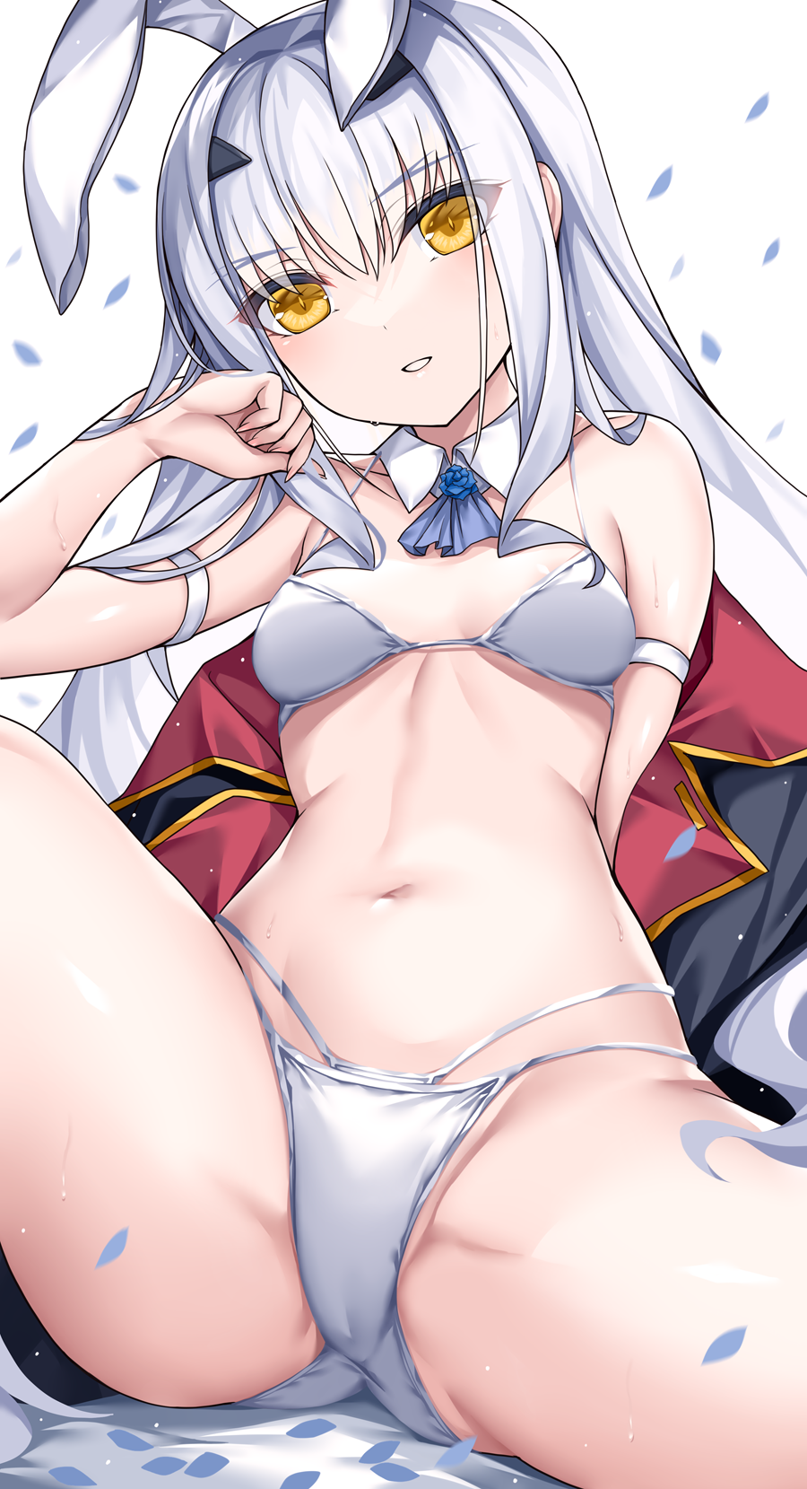 1girl animal_ears ascot bare_shoulders bikini breasts cape detached_collar fake_animal_ears fate/grand_order fate_(series) forked_eyebrows highres long_hair looking_at_viewer melusine_(fate) morizono_shiki navel rabbit_ears sidelocks simple_background sitting small_breasts solo swimsuit thighs unworn_cape white_background white_bikini white_hair yellow_eyes