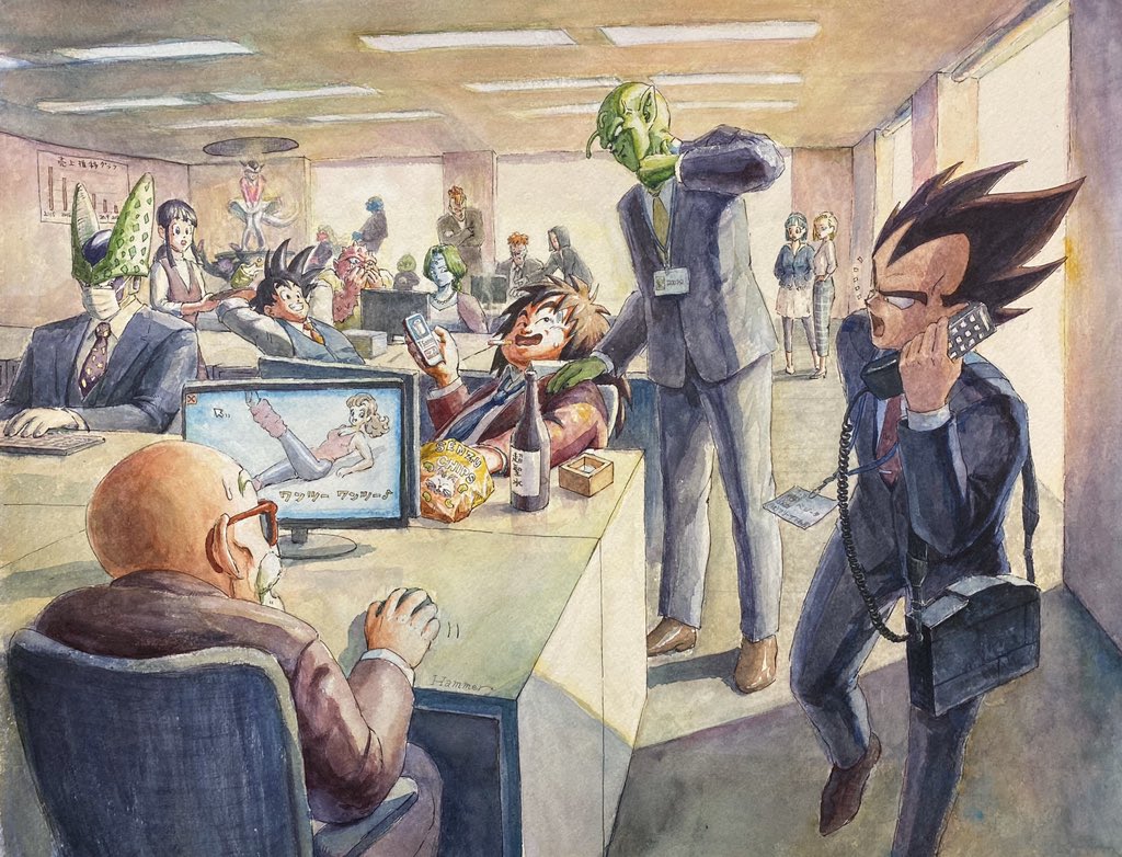 1st_form_frieza alternate_costume android_16 android_17 android_18 antennae aqua_hair bald bead_necklace beads beard black_hair blonde_hair blue_skin bulma burter captain_ginyu cell_(dragon_ball) cellphone chi-chi_(dragon_ball) cigarette colored_skin commentary_request crossed_arms dodoria dragon_ball dragonball_z facial_hair formal_clothes frieza genderswap genderswap_(mtf) ginyu_force green_hair green_skin grin guldo hammar_dobucof horns id_card jeice jewelry leotard low_ponytail mask mouth_mask muten_roushi necklace necktie office orange_hair painting_(medium) pants pantyhose perfect_cell phone piccolo pointy_ears ponytail recoome scouter sidelocks smartphone smile smoking son_goku suit sweatdrop tail traditional_media vegeta vest watercolor_(medium) yajirobe yoga_pants zarbon
