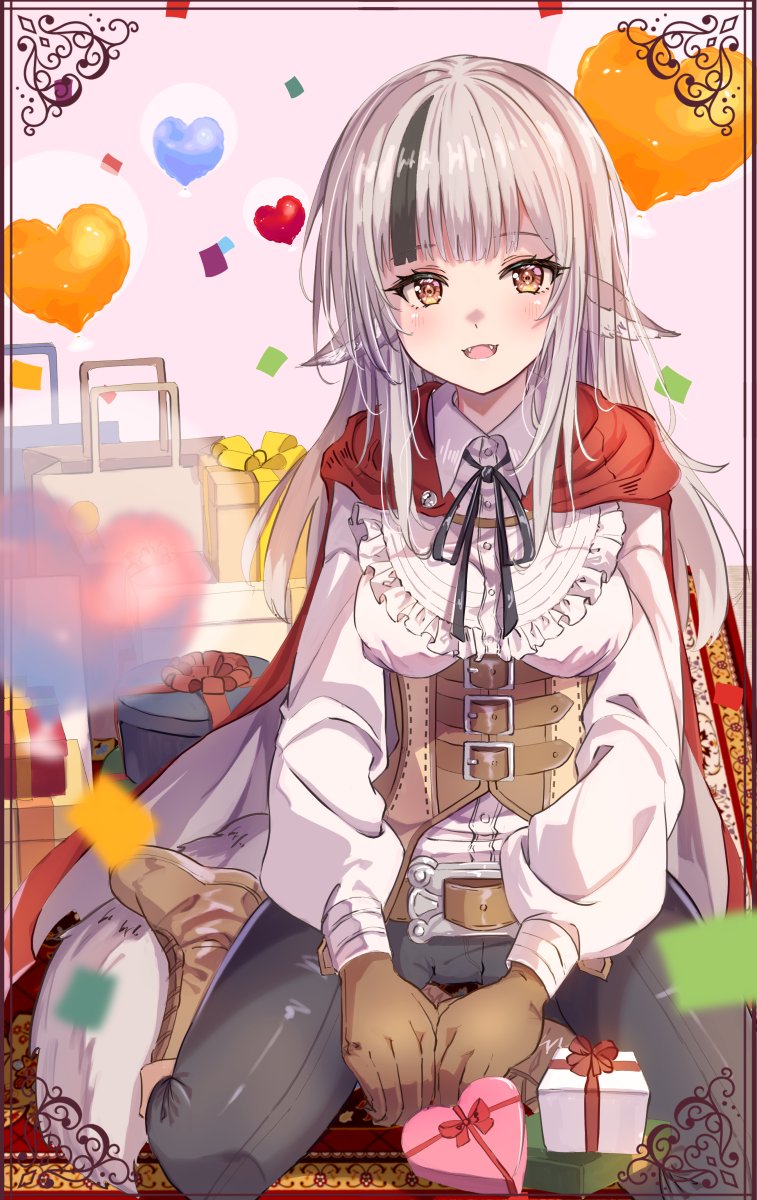 1girl animal_ear_fluff animal_ears belt black_hair black_pants blurry blurry_foreground boots border box breasts brown_boots cape commentary confetti fangs fire_emblem fire_emblem_fates fuussu_(21-kazin) gift heart heart-shaped_box highres looking_at_viewer medium_breasts multicolored_hair nintendo open_mouth ornate_border pants pointy_ears red_cape red_ribbon ribbon sidelocks sitting smile solo streaked_hair symbol-only_commentary two-tone_hair velouria_(fire_emblem) wariza white_hair