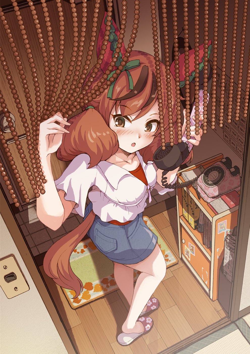 1girl animal_ears antique_phone blush brown_eyes brown_hair casual ear_covers from_side highres holding holding_phone horse_ears horse_girl horse_tail indoors looking_to_the_side medium_hair multicolored_hair nice_nature_(umamusume) phone red_shirt rotary_phone satomura_kyou shirt shorts slippers solo streaked_hair tail twintails umamusume white_shirt