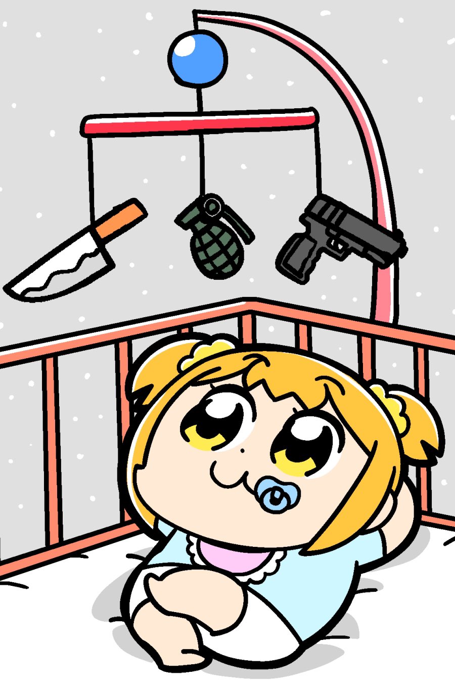 1girl :3 arms_behind_head arms_up barefoot bib bkub chibi chibi_only closed_mouth commentary crib crossed_legs dot_nose explosive grenade gun hair_ornament hair_scrunchie handgun highres knife mobile official_art orange_hair pacifier poptepipic popuko scrunchie short_hair short_twintails smile solo twintails weapon yellow_eyes yellow_scrunchie