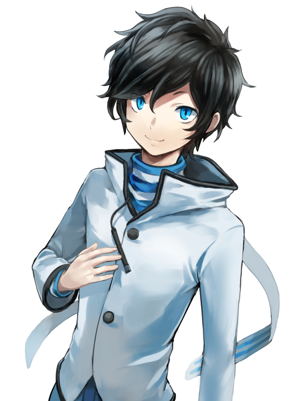 10s 1boy black_hair blue_eyes devil_survivor_(series) devil_survivor_2 kuze_hibiki male_focus riinu_(ir-n) short_hair simple_background smile solo white_background