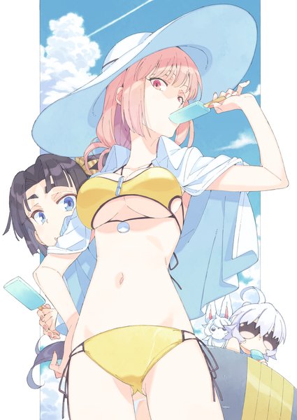 3girls bikini black_hair braid breasts chaldea_lifesavers charles_babbage_(fate) cloud day eating fate/grand_order fate_(series) female_focus florence_nightingale_(chaldea_lifesavers)_(fate) florence_nightingale_(fate) food fou_(fate) hand_on_own_hip hat jack_the_ripper_(chaldea_lifesavers)_(fate) jack_the_ripper_(fate/apocrypha) large_breasts long_hair multiple_girls navel outdoors pink_hair popsicle side_ponytail single_braid sky standing sun_hat sunglasses swimsuit t-okada ushiwakamaru_(chaldea_lifesavers)_(fate) ushiwakamaru_(fate) very_long_hair white_hair wide_hips