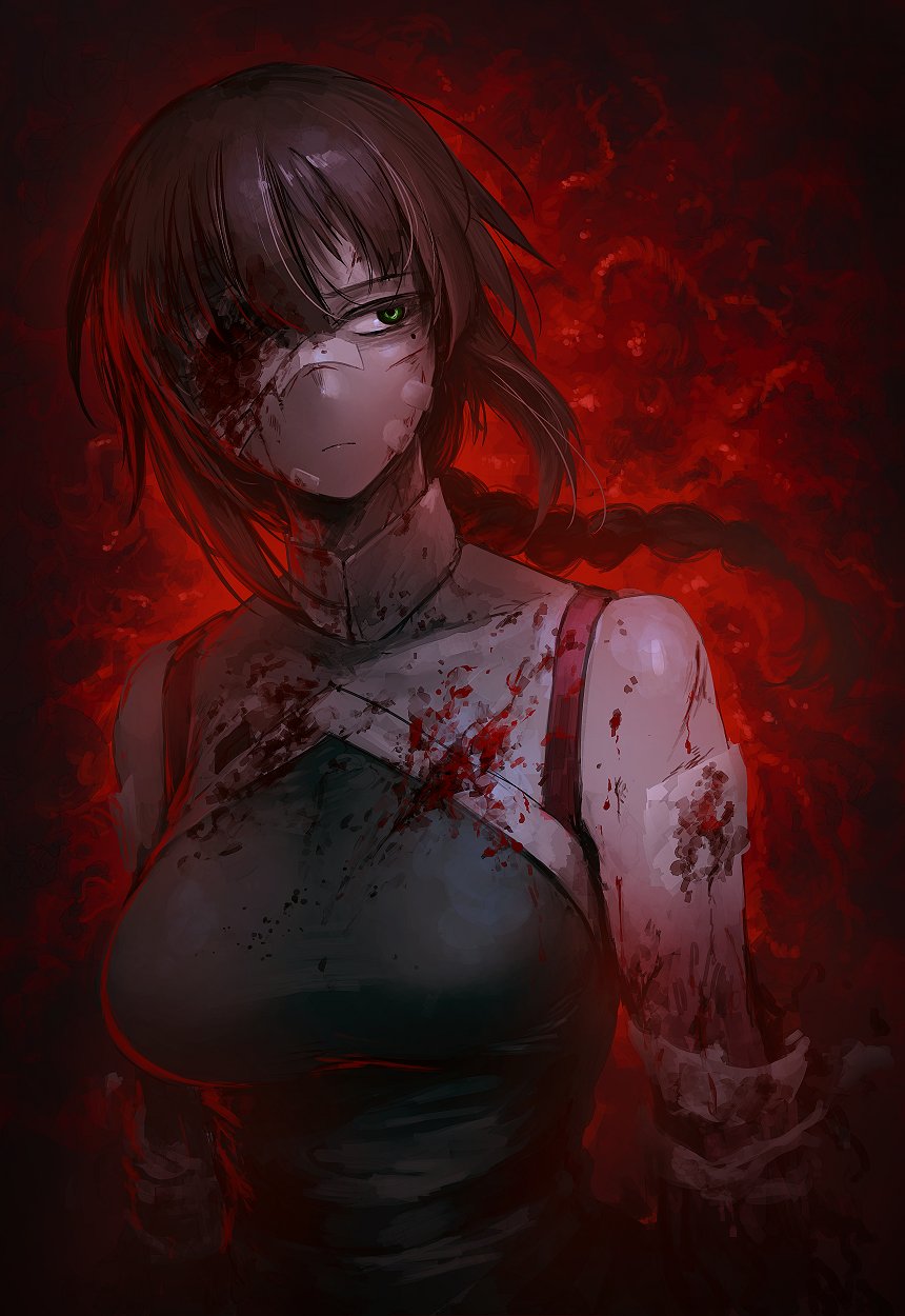 1girl bags_under_eyes bandage_over_one_eye bandages blood blood_on_clothes blood_on_face bloody_bandages braid breasts brown_hair green_eyes hetza_(hellshock) highres isolde_itou long_hair medium_breasts signalis single_braid solo