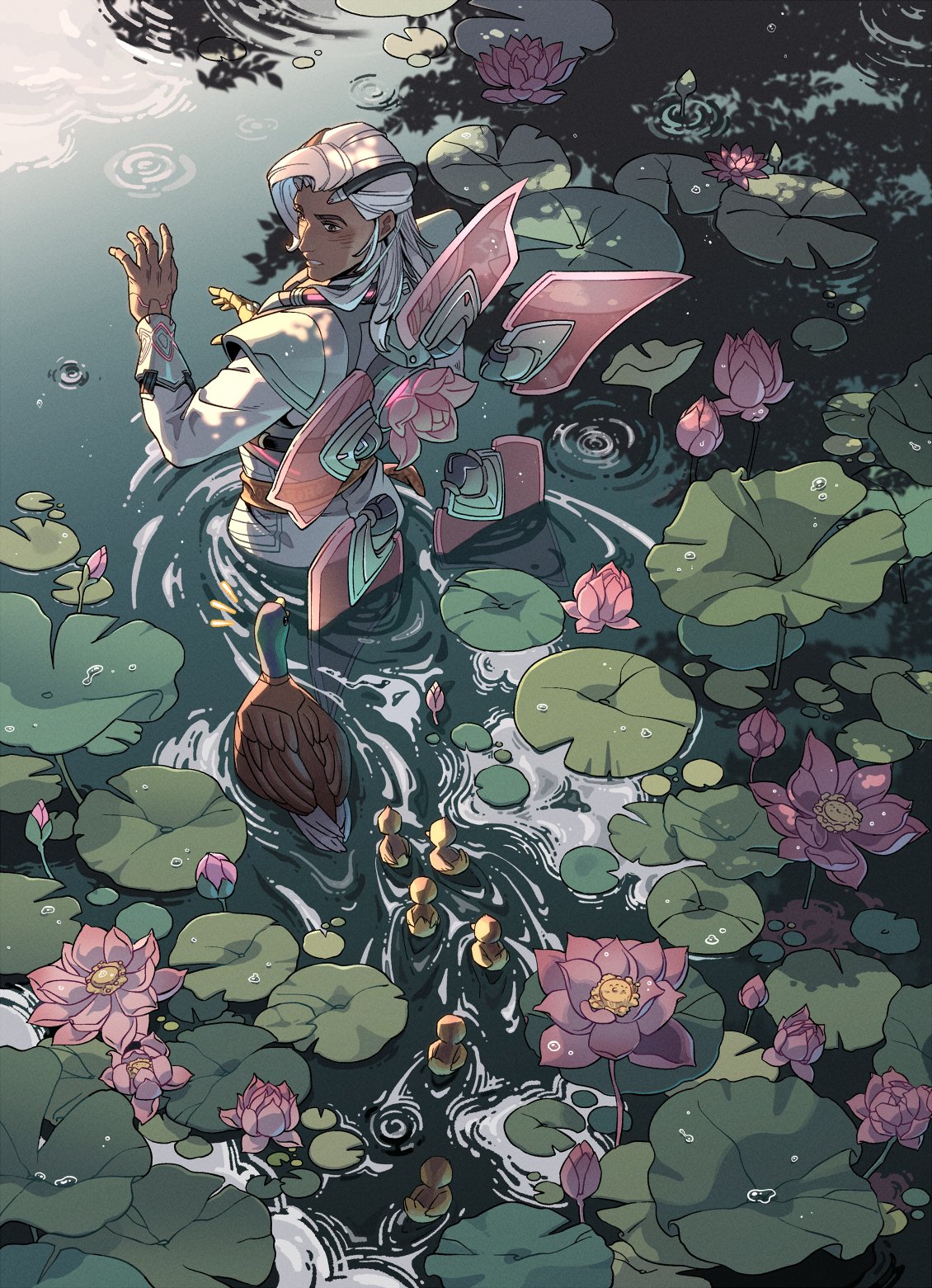 1boy baby_animal bird dark-skinned_male dark_skin duck duckling flower from_above from_behind highres lifeweaver_(overwatch) lily_pad long_hair long_sleeves looking_back lotus male_focus mechanical_wings multicolored_hair outdoors overwatch pink_flower pond reflection reflective_water ripples shirt solo wading water wenny02 white_hair white_shirt wings