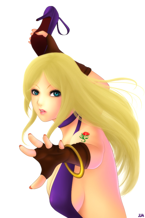 1girl blonde_hair blue_eyes bracelet breasts fatal_fury female_focus garou:_mark_of_the_wolves gloves high_heels b._jenet jewelry khalitzburg_(user_2274420) long_hair looking_at_viewer medium_breasts nail_polish pirate shoes sideboob simple_background snk solo tattoo the_king_of_fighters white_background