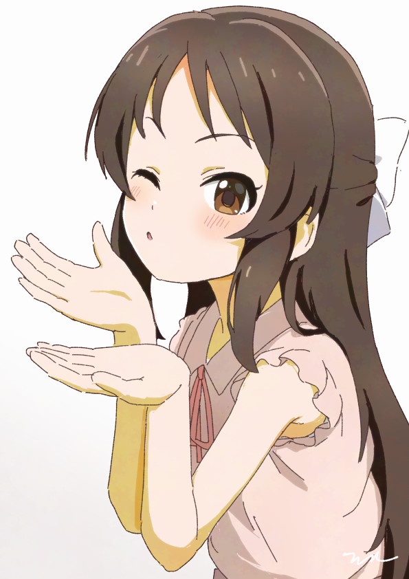 1girl ;o aayh bare_arms blush bow brown_background brown_eyes brown_hair brown_shirt collared_shirt commentary_request gradient_background hair_bow hands_up idolmaster idolmaster_cinderella_girls long_hair looking_at_viewer neck_ribbon one_eye_closed parted_lips pink_ribbon ribbon shirt sleeveless sleeveless_shirt solo tachibana_arisu upper_body very_long_hair white_background white_bow