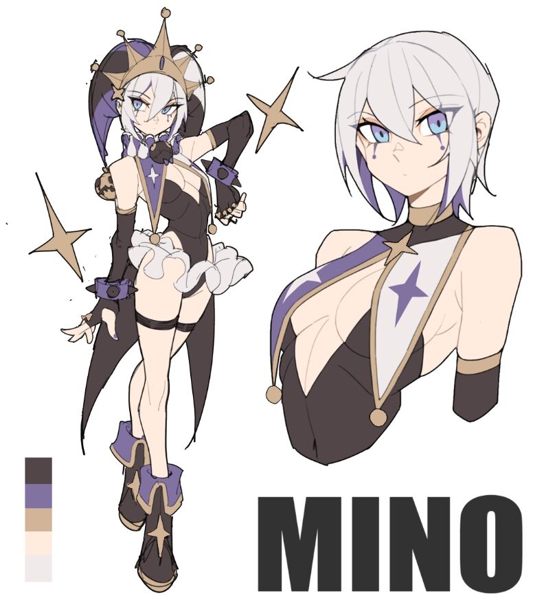 1girl bare_shoulders black_leotard black_shoes blue_eyes boots bracelet breasts character_name closed_mouth color_guide full_body gloves grey_hair hanenosaki hat jester jester_cap jewelry leotard looking_at_viewer medium_breasts mino_(hanenosaki) multiple_views original purple_nails reference_sheet shoes short_hair simple_background thigh_strap white_background