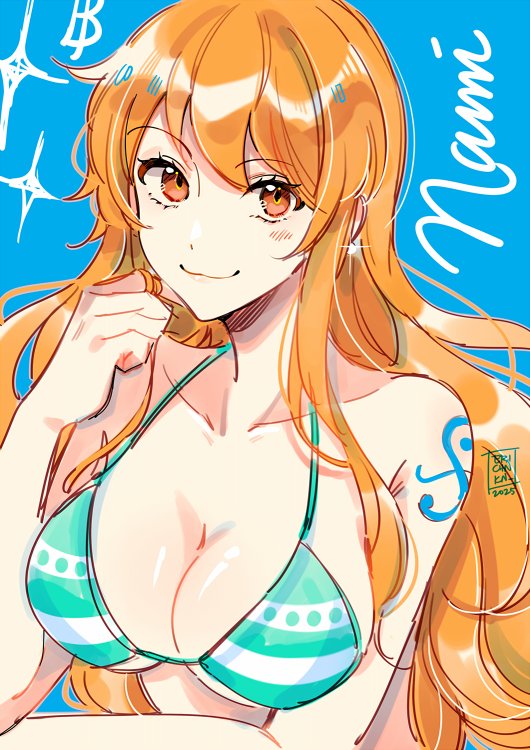 1girl arm_tattoo bikini bikini_top_only blue_background breasts coll_(erichankun) large_breasts long_hair looking_at_viewer nami_(one_piece) one_piece orange_eyes orange_hair smile standing swimsuit tattoo watermark