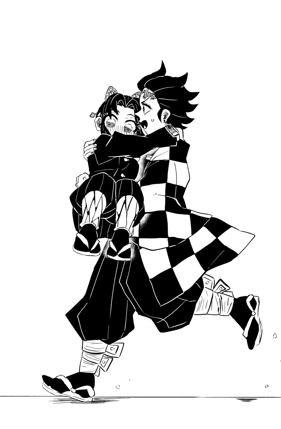 1boy animal_print asa_no_ha_(pattern) belt blue_butterfly bug butterfly butterfly_hair_ornament butterfly_print carrying carrying_person checkered_clothes checkered_haori checkered_sash couple demon_slayer_uniform earrings flower gradient_hair hair_ornament hanafuda hanafuda_earrings haori highres insect japanese_clothes jewelry kamado_tanjirou kimetsu_no_yaiba kochou_shinobu multicolored_hair open_mouth parted_bangs purple_butterfly purple_hair scar scar_on_face scar_on_forehead sword_writing updo white_belt wisteria