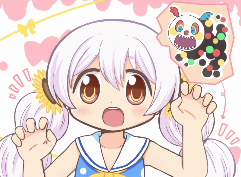 1girl :o bad_id bad_twitter_id bare_arms blush brown_eyes charlotte_(madoka_magica) claw_pose flower hair_flower hair_ornament hands_up long_hair looking_at_viewer magia_record:_mahou_shoujo_madoka_magica_gaiden mahou_shoujo_madoka_magica momoe_nagisa momoe_nagisa_(swimsuit_costume) multi-tied_hair official_alternate_costume open_mouth polka_dot reverse_(bluefencer) sailor_collar sharp_teeth sleeveless solo sunflower teeth twintails upper_body upper_teeth_only white_background white_hair white_sailor_collar witch_(madoka_magica)