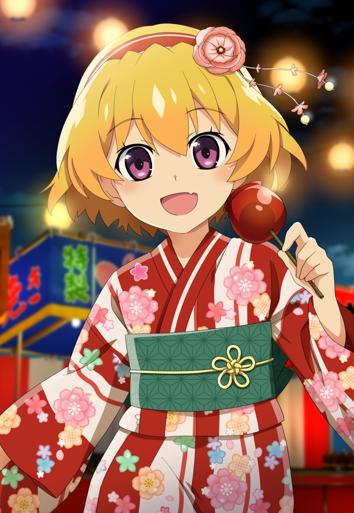 1girl blonde_hair blurry blurry_background candy_apple chigayasan eyelashes fang food hair_between_eyes hairband higurashi_no_naku_koro_ni houjou_satoko japanese_clothes kimono long_sleeves looking_at_viewer purple_eyes short_hair skin_fang solo summer_festival wide_sleeves yukata
