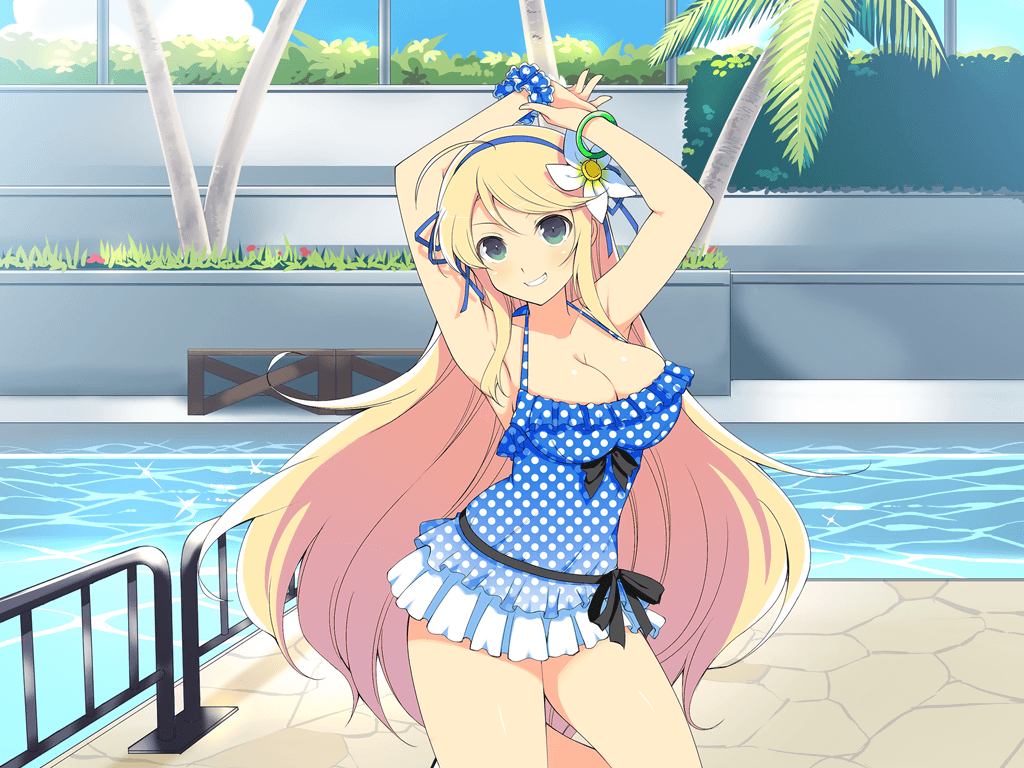 1girl ahoge arm_scrunchie armpits arms_up bangle black_bow black_ribbon blonde_hair blue_one-piece_swimsuit blue_ribbon blue_scrunchie blush bow bracelet breasts cleavage cobblestone double_frill_skirt_swimsuit flower grass green_eyes hair_flower hair_ornament hair_ribbon halterneck hedge jewelry katsuragi_(senran_kagura) large_breasts long_hair official_alternate_costume official_art one-piece_swimsuit palm_leaf palm_tree plant polka_dot polka_dot_one-piece_swimsuit polka_dot_scrunchie polka_dot_swimsuit pool poolside railing ribbon scrunchie senran_kagura senran_kagura_new_link senran_kagura_shoujo-tachi_no_shin&#039;ei shiny_skin smile smirk solo standing standing_on_one_leg swept_bangs swimsuit swimsuit_skirt tree two-tone_swimsuit very_long_hair waist_ribbon water white_flower white_one-piece_swimsuit yaegashi_nan