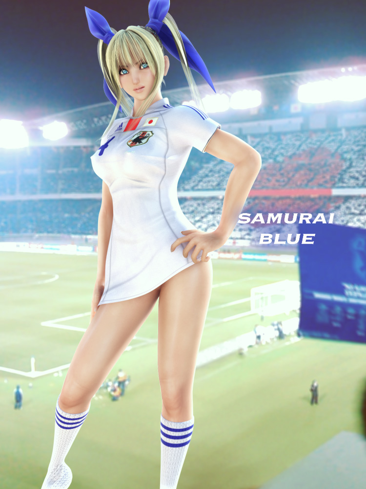 1girl 3d blonde_hair blue_eyes breasts clothes_writing covered_erect_nipples female_focus incise_soul japan jersey legs m-rs medium_breasts original soccer solo sportswear twintails world_cup