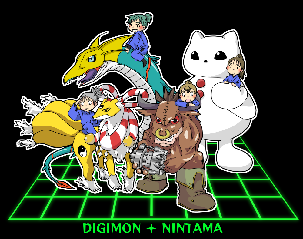 digimon digimon_(creature) dragon horns kyubimon minotaurmon open_mouth red_eyes seadramon yin_yang yukidarumon