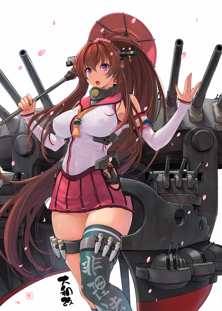 1girl anchor breasts brown_hair cherry_blossoms detached_sleeves feet_out_of_frame female_focus hair_between_eyes hair_intakes headgear hip_vent jewelry kantai_collection large_breasts long_hair miniskirt nyanko_batake oil-paper_umbrella open_mouth panties pantyshot petals pink_panties pleated_skirt purple_eyes red_skirt rigging ring ship_turret simple_background single_thighhigh skirt sleeves_past_wrists solo standing thighhighs thighs umbrella underwear wedding_band white_background yamato_(kancolle) z-flag