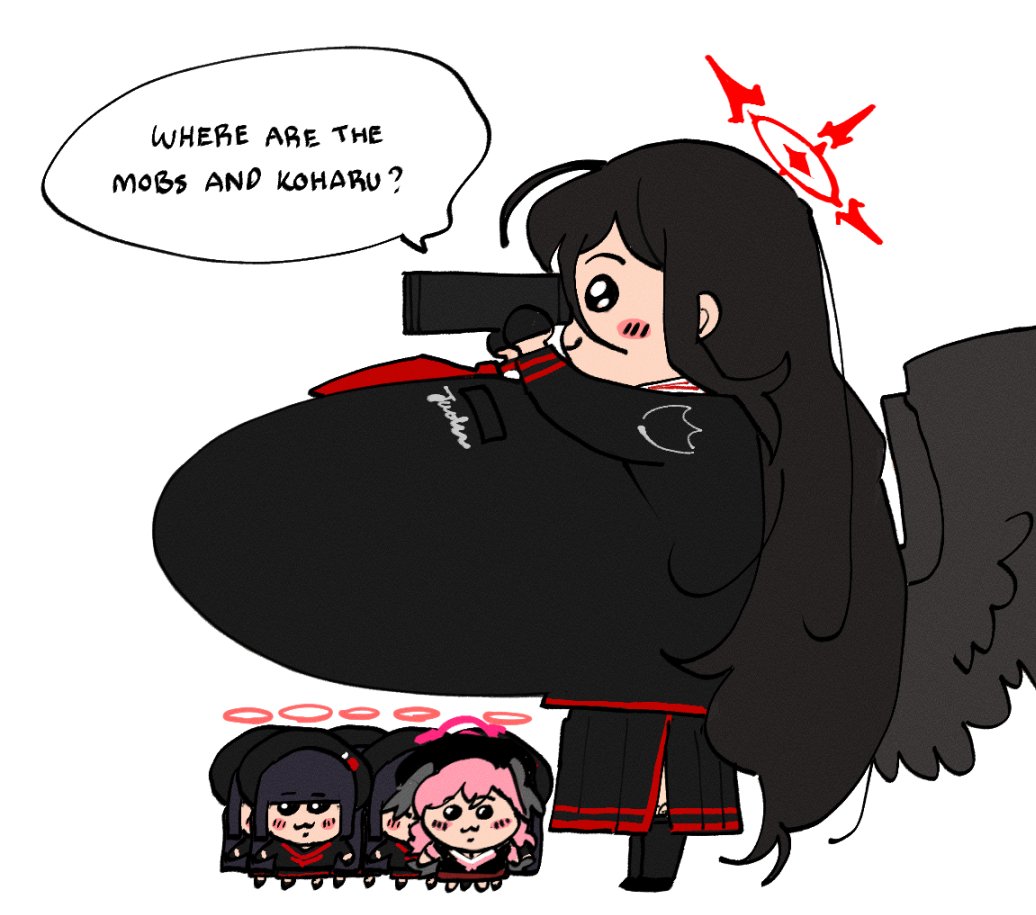 6+girls binoculars black_hair blue_archive blunt_bangs blush breasts chibi derivative_work gigantic_breasts hair_between_eyes halo hasumi_(blue_archive) holding holding_binoculars justice_task_force_member_(blue_archive) kinzaibatsu91 koharu_(blue_archive) long_hair meme multiple_girls parody pink_hair school_uniform simple_background where_is_amogus_(meme) white_background
