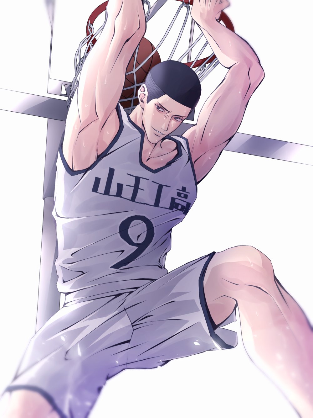 1boy ball basketball basketball_(object) basketball_hoop basketball_uniform black_hair commentary_request cowboy_shot highres korean_commentary light_particles looking_to_the_side male_focus parted_lips sawakita_eiji short_hair shorts simple_background slam_dunk_(series) smile solo sportswear sweat tank_top teeth toned toned_male very_short_hair white_background white_shorts white_tank_top yum_606