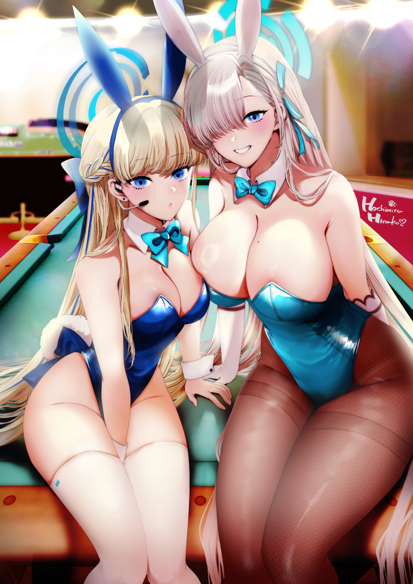 2girls animal_ears aqua_bow aqua_bowtie aqua_halo aqua_leotard aqua_ribbon asuna_(blue_archive) asuna_(bunny)_(blue_archive) bare_arms bare_shoulders blonde_hair blue_archive blue_eyes blue_hair blue_hairband blue_halo blue_leotard blush bow bowtie breasts brown_pantyhose cleavage closed_mouth commentary_request detached_collar elbow_gloves fake_animal_ears fake_tail gloves hachimitsu_hinako hair_ornament hair_over_one_eye hair_ribbon hairband halo highleg highleg_leotard highres large_breasts leotard long_hair looking_at_viewer mole mole_on_breast multicolored_hair multiple_girls official_alternate_costume one_eye_covered pantyhose pool_table rabbit_ears rabbit_tail ribbon sitting smile streaked_hair table tail thighband_pantyhose thighhighs thighs toki_(blue_archive) toki_(bunny)_(blue_archive) very_long_hair white_gloves white_hairband white_thighhighs wrist_cuffs