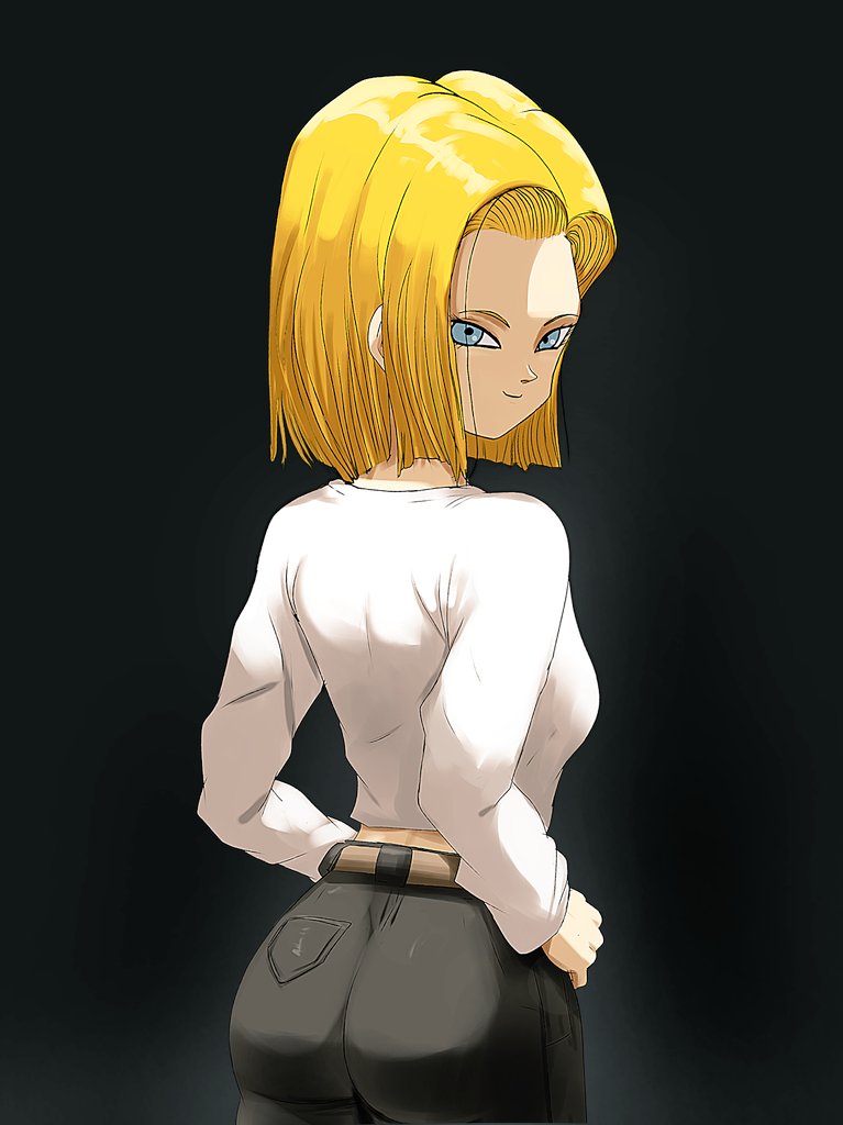 1girl android_18 black_background blonde_hair blue_eyes dragon_ball happy looking_at_viewer smile solo