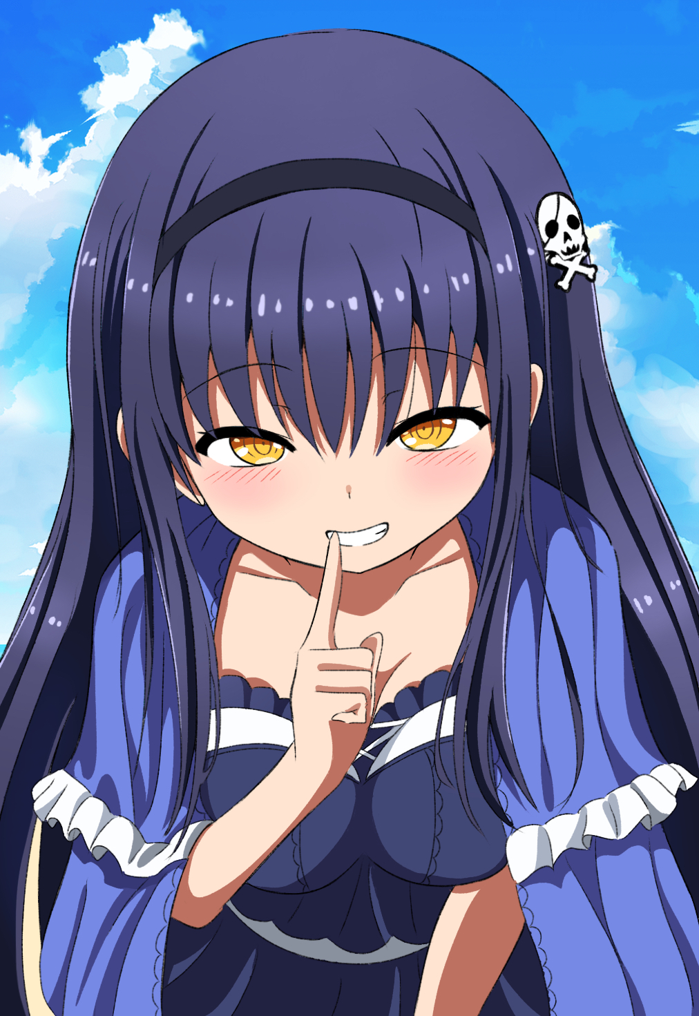 1girl black_hair black_hairband black_shirt black_skirt blue_capelet blue_sky blush bone_hair_ornament breasts capelet cleavage collarbone commentary day eyelashes finger_to_mouth frilled_capelet frilled_shirt frills grin hair_between_eyes hair_ornament hairband hand_up highres index_finger_raised kushima_kamome large_breasts leaning_forward long_hair looking_at_viewer outdoors shirt shushing sidelocks silky_(silky_illust) skirt skull_and_crossbones skull_hair_ornament sky smile solo straight-on straight_hair summer_pockets tsurime upper_body very_long_hair yellow_eyes