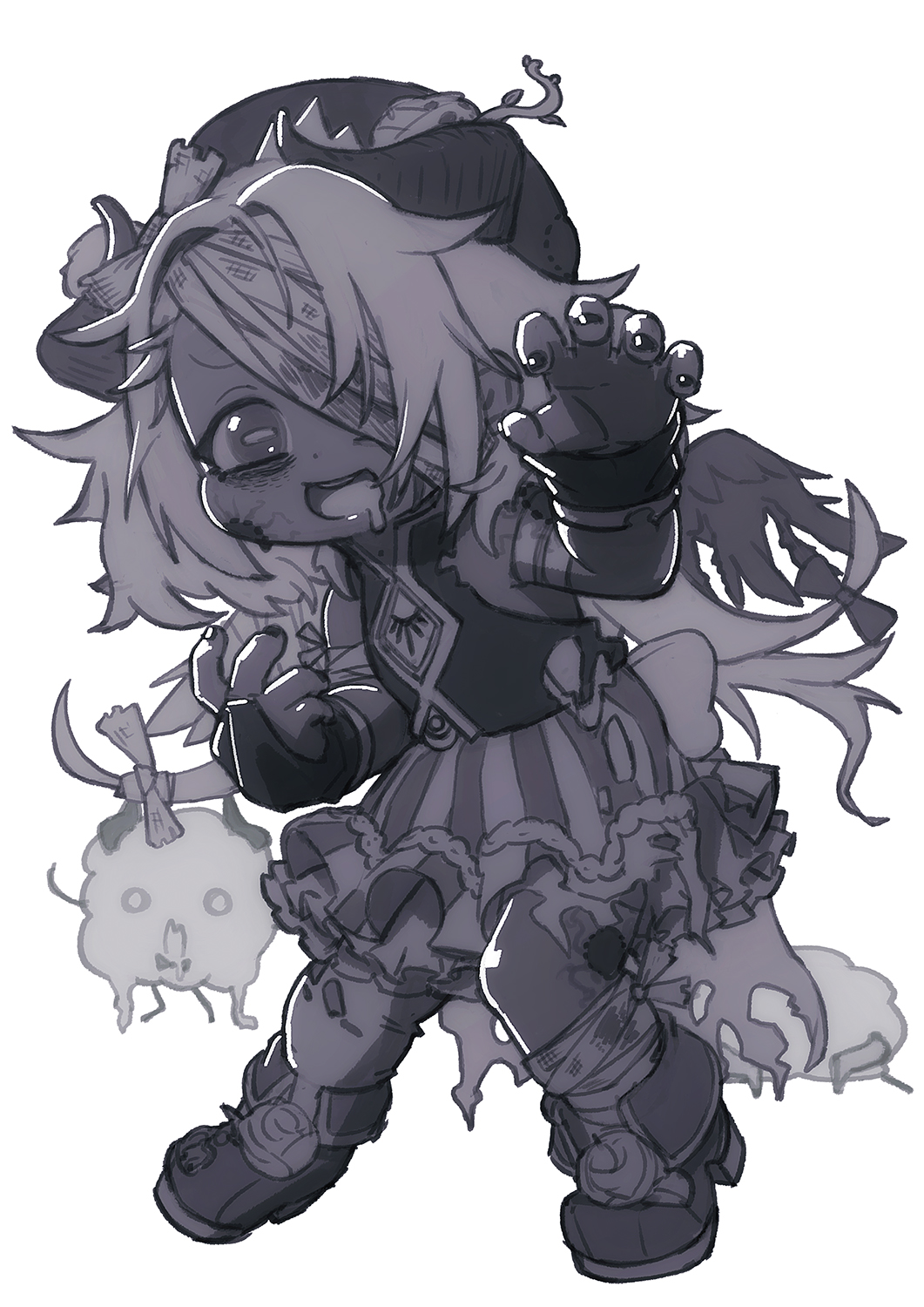 1girl amaryllis_gumi arm_warmers bags_under_eyes bandage_over_one_eye bandaged_leg bandages boots claw_pose creature dark-skinned_female dark_skin demon_girl drooling feral_lemma full_body furrowed_brow greyscale hand_up hat highres horizontal_pupils horns injury long_hair looking_at_viewer messy_hair monochrome nail_polish one_eye_covered open_mouth pantyhose simple_background single_leg_pantyhose skirt smile solo standing striped_clothes striped_skirt torn_clothes torn_pantyhose torn_wings veins vest virtual_youtuber wings yotsutsuji_mayoi zombie zombification